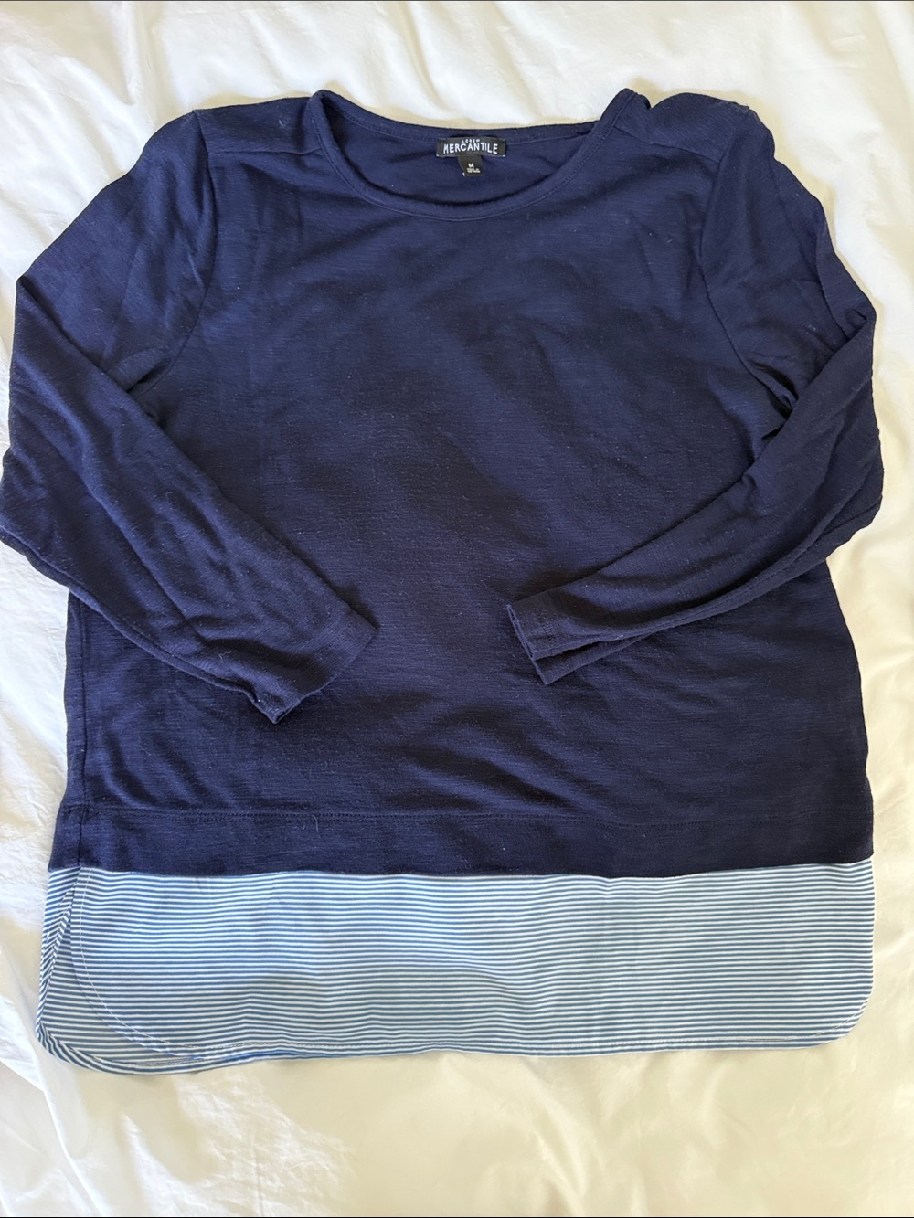 J. Crew Navy Crewneck Sweater with Striped Hem Panel